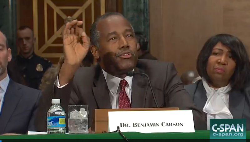 Ben Carson, M.D., testifies at the Senate Banking, Housing and Urban Affairs Committee hearing.