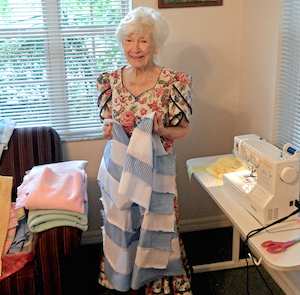 Dorothy, who just turned 101, sews baby blankets to donate to local shelters and hospitals.