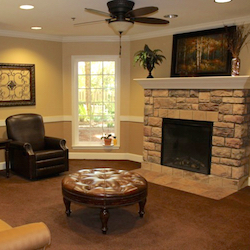 The fireplace lounge at the Alto Senior Living community in the Buckhead neighborhood of Atlanta.