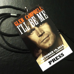 A press pass from the 2014 screening of "Glen Campbell: I'll Be Me" at the 2014 LeadingAge meeting.