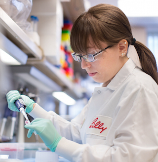 A researcher works in a Lilly laboratory. (Photo courtesy of Eli Lilly and Co.)