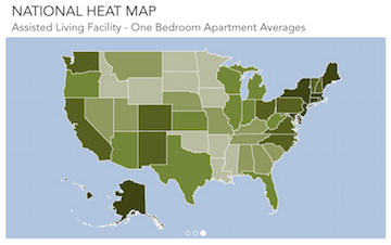 This national "heat map" shows average costs for one-bedroom apartments. (whatcarecosts.com).