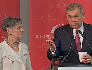 Former Rep. Allyson Schwartz and Sen. Mel Martinez answer questions at the BPC event.