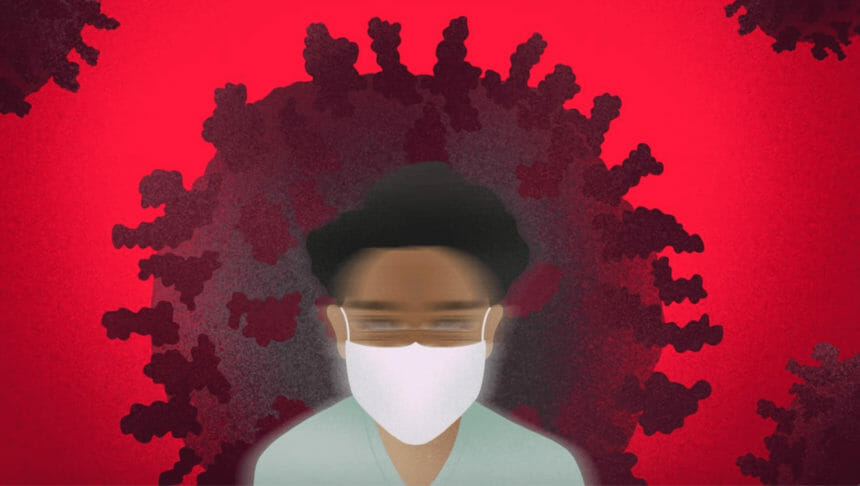 illustration of person with mask in front of coronavirus