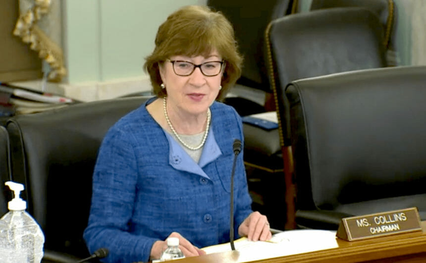 Senator Susan Collins talks at June 11, 2020, Aging Committee hearing.
