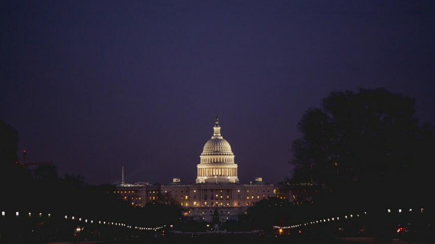 The U.S. Capitol buildng in Washington DC at night (stock image)