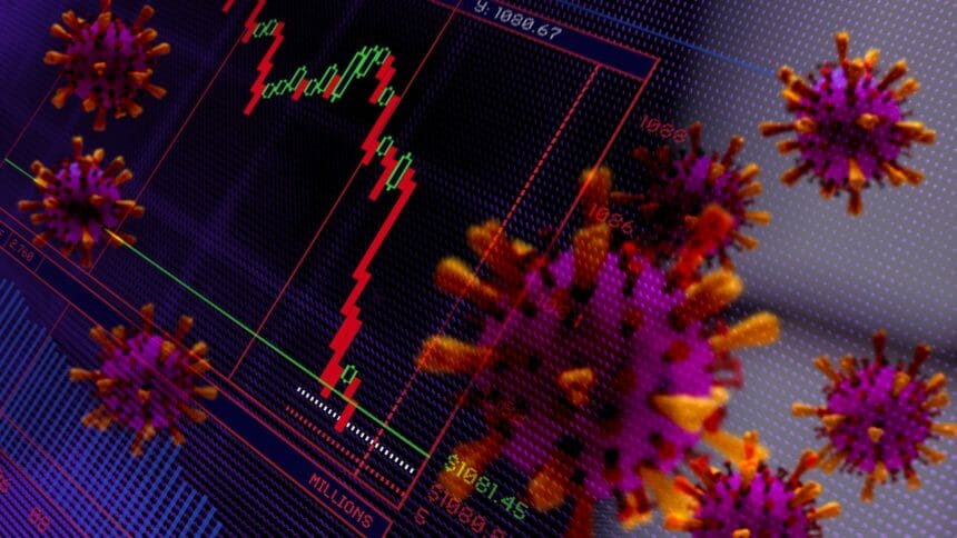 Financial Crash. Trading screen graphic and Corona virus shapes.. Abstract image.