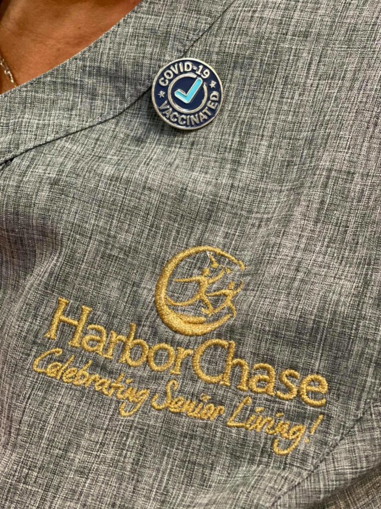 Close-up of HarborChase I got vaccinated pin