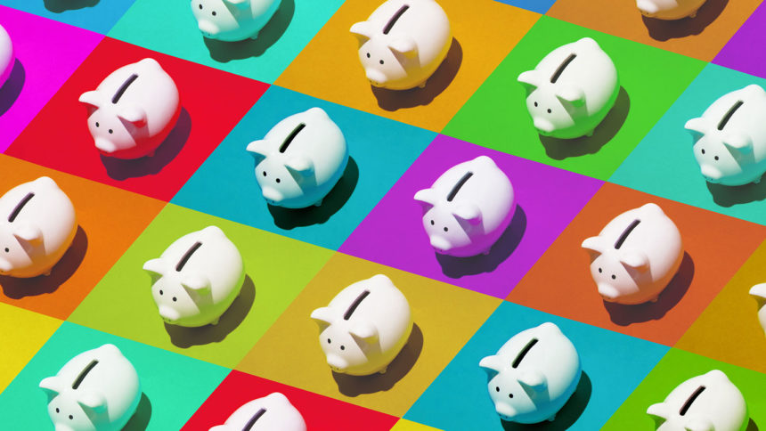 Illustration showing colorful squares with piggy banks in the middle of them.