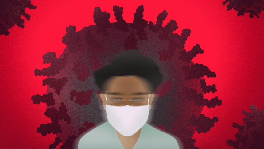 illustration of person with mask in front of coronavirus