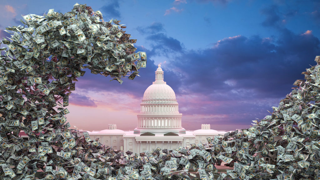 Computer graphics of dollar banknotes stream flying around United States Capitol. Colorful twilight sky with clouds in backgrounds.