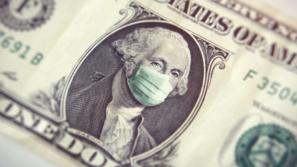 Coronavirus one dollar bill with picture of G. Washington president with surgical mask