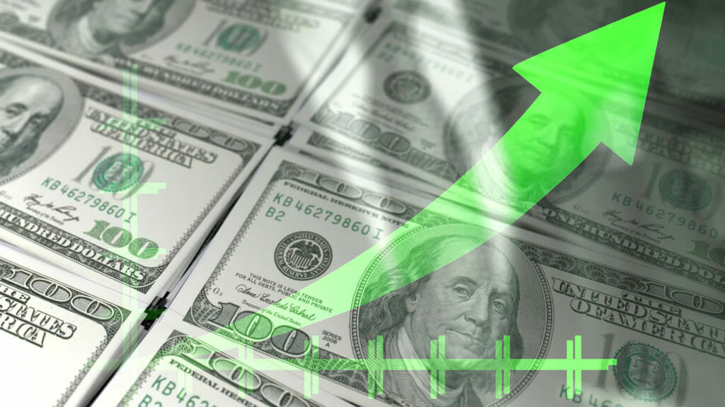 Economy graph: green rising arrow and dollar bills.