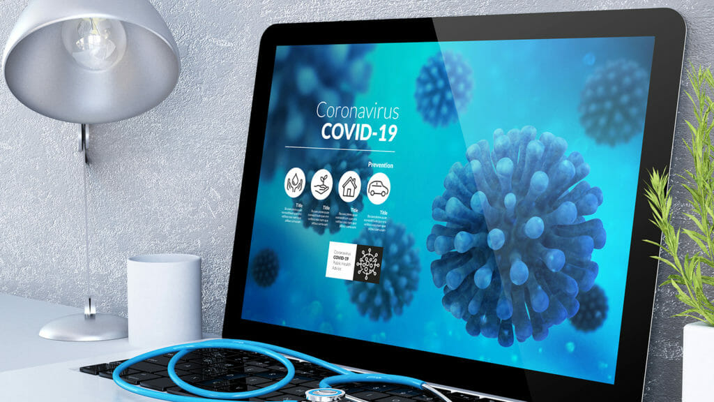 medical desktop computer coronavirus info on screen 3d rendering