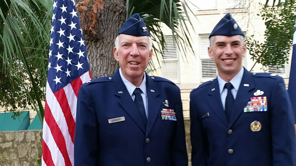 John Carnduff (left) and his son, Chris, in their Air Force uniforms. Photo courtesy of The Lantern at Morning Pointe Alzheimer’s Center of Excellence