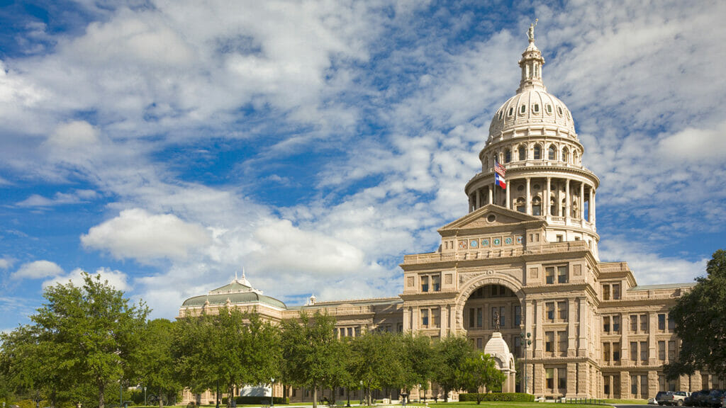 Texas State Capitol Building in Austin. It is the tallest state capitol in the USA, and is built of "sunset red" Texas granite from Marble Falls.