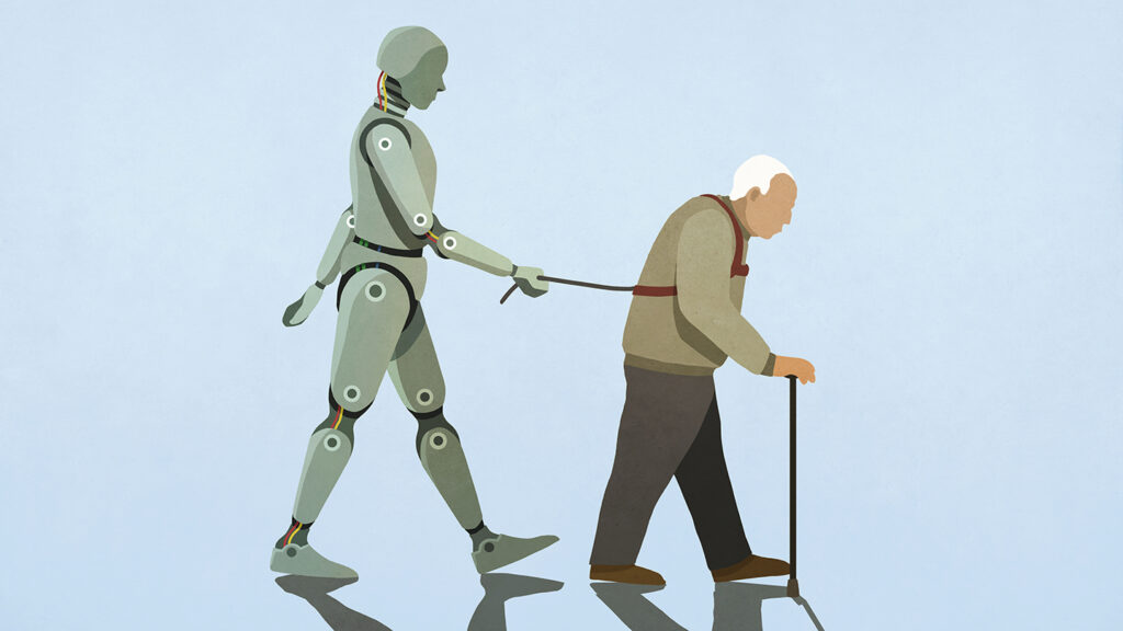 Robot walking senior man on leash