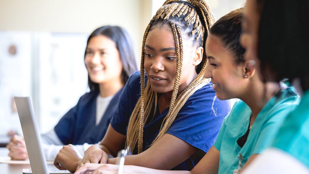Diverse group of women are nursing or medical students at local university