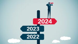 REndering of man on top of 2024 sign with telescope